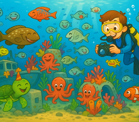 A young scubadiver takes a photo while fish enjoy their new playground